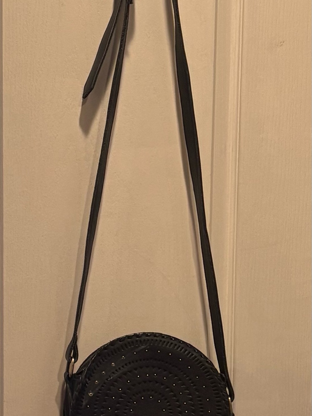 Round Black Shoulder Bag with Studded Detail